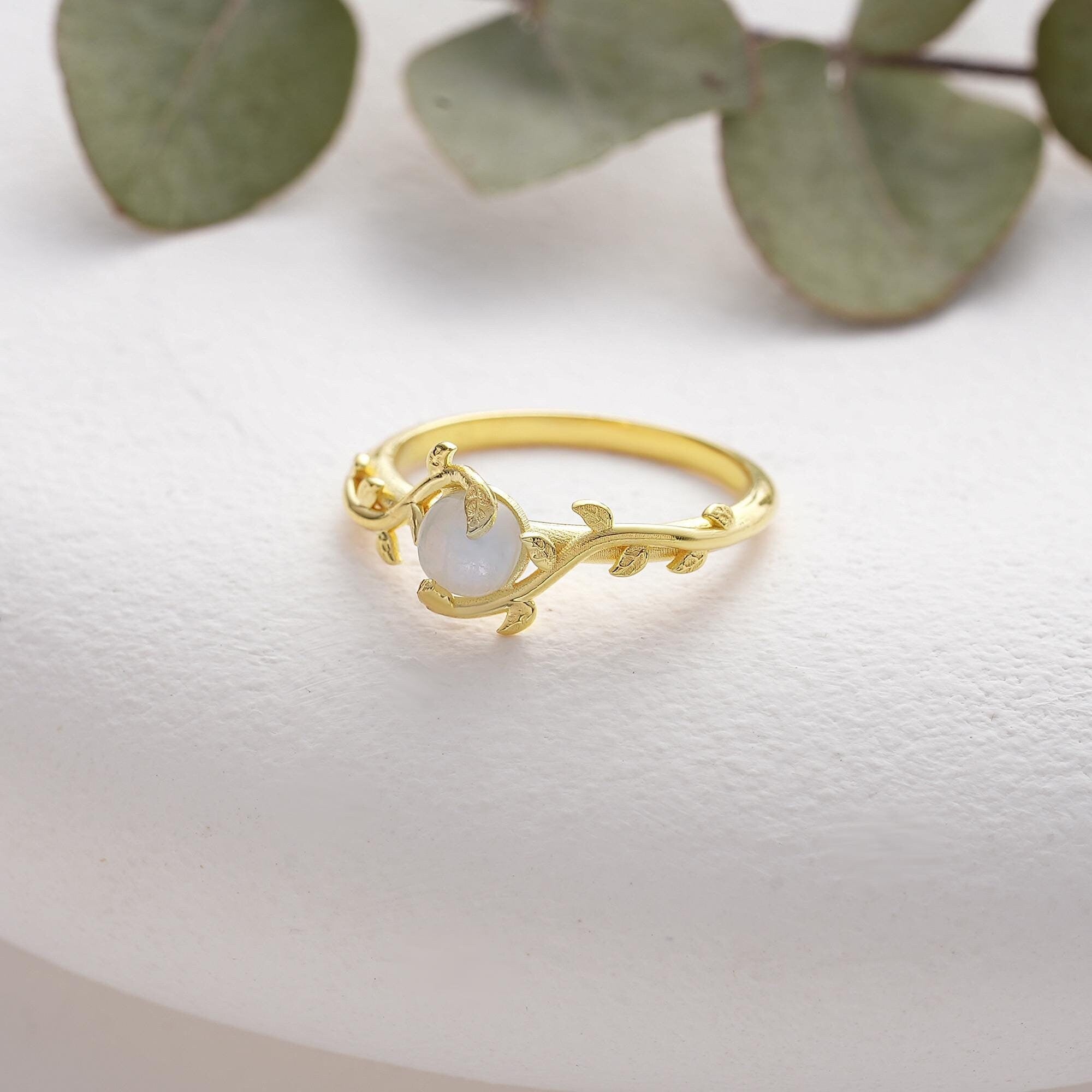 Moonstone engagement or promise vine ring, Natural gemstone statement ring, Gold filled moonstone ring, Vintage ring, Gift for her, AU09