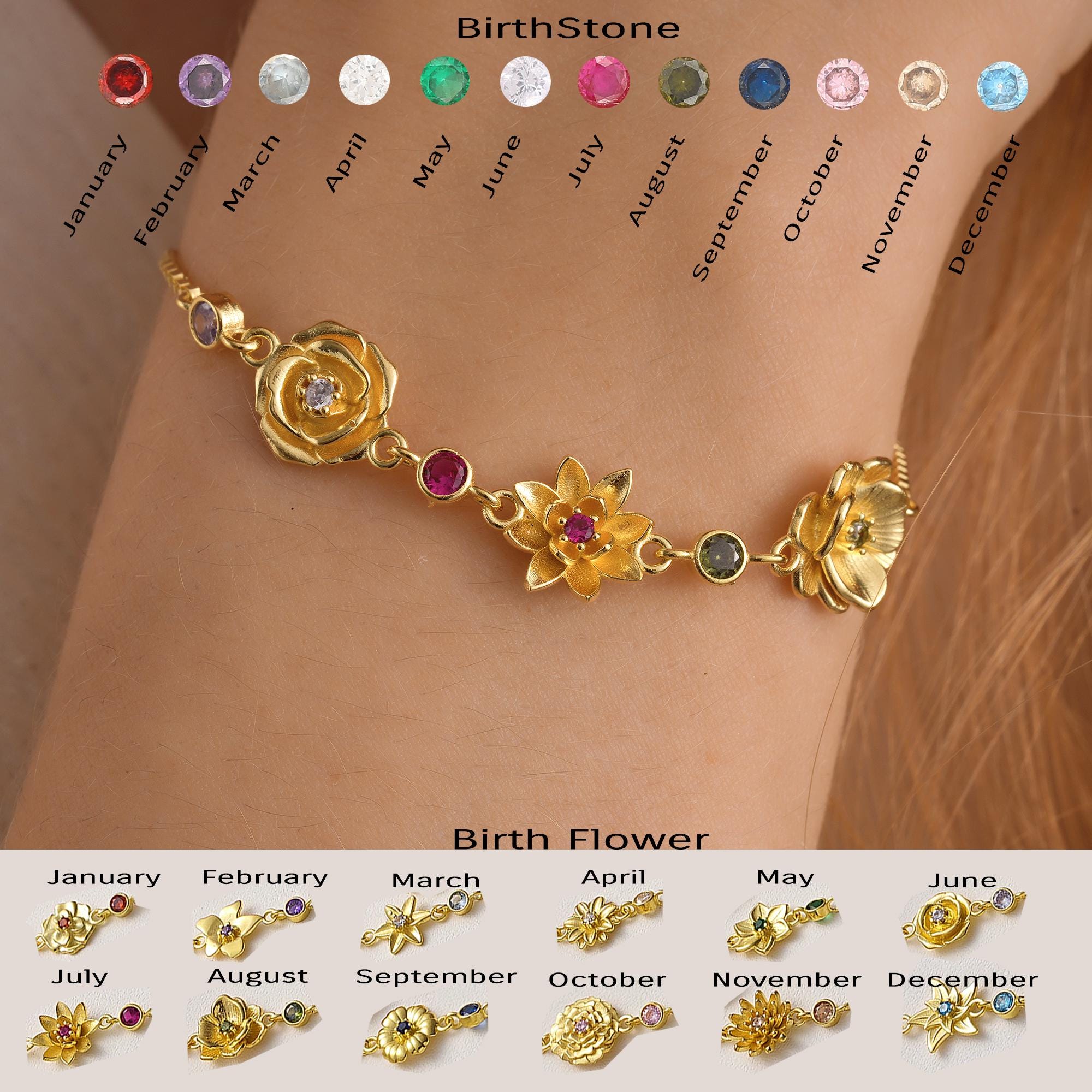 Multi Birth Flower Family Bracelet, Meaningful Personalized Gift, Gift for Mom, Mother Gift, Combine Birthstone Jewelry, Birthday gift, AU75